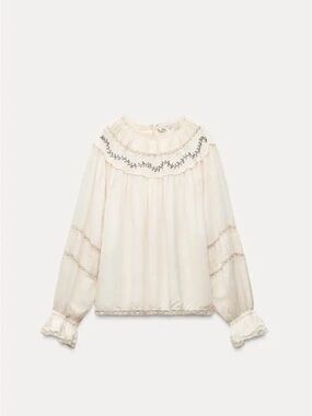 Zara Cream Ruffled Yoke Long-Sleeve Blouse